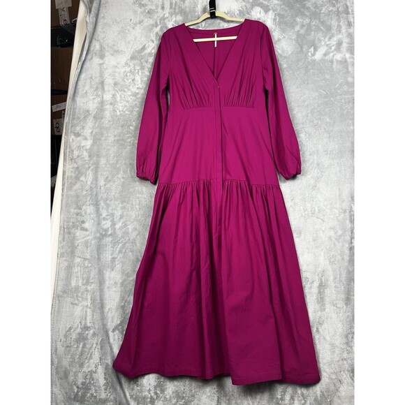 Free People Kendra  Dress Tiered Maxi Button Front Long Sleeve in Magenta Size L - Picture 3 of 13